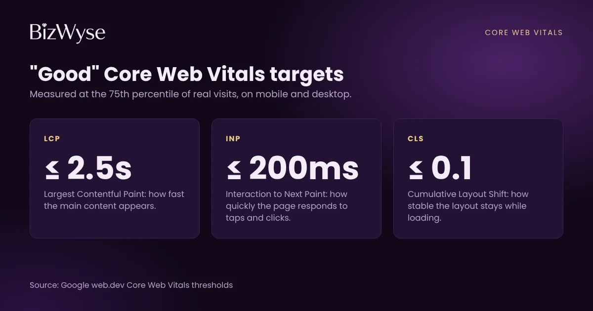 Chart of Google Core Web Vitals good targets: Largest Contentful Paint 2.5 seconds or less, Interaction to Next Paint 200 milliseconds or less, Cumulative Layout Shift 0.1 or less