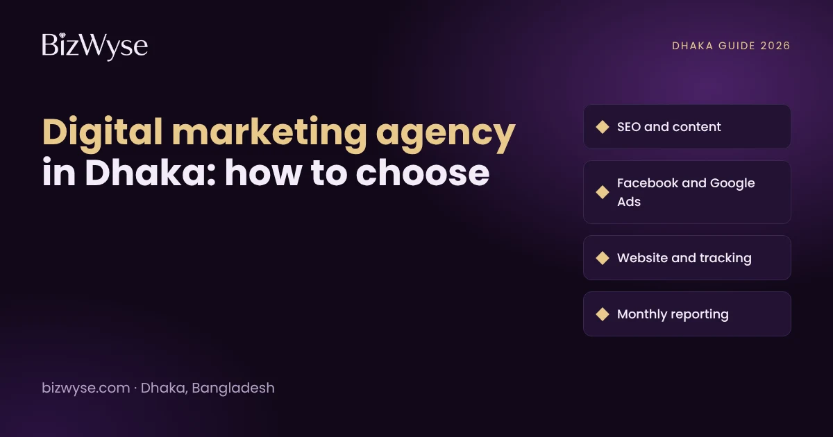 Guide graphic: how to choose a digital marketing agency in Dhaka, with SEO and content, Facebook and Google Ads, website and tracking, and monthly reporting