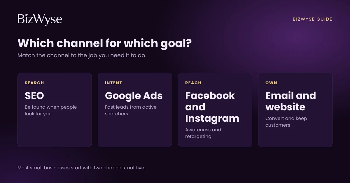 Chart matching digital marketing channels to goals: SEO to be found, Google Ads for fast leads, Facebook and Instagram for reach, email and website to convert