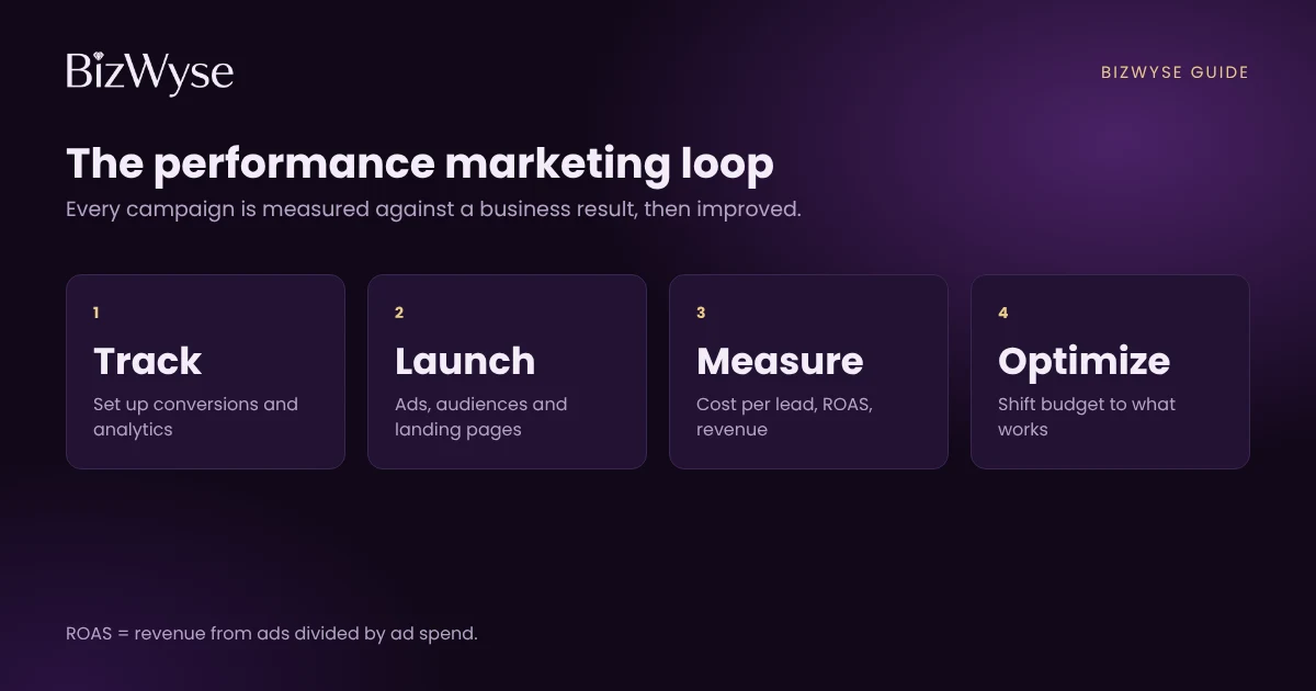 The performance marketing loop: track conversions, launch ads, measure cost per lead and ROAS, then optimize budget towards what works