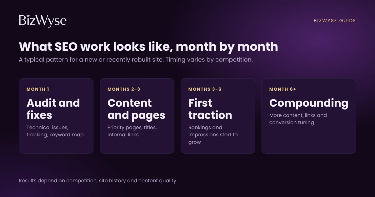 Timeline of SEO work by month: audit and fixes in month one, content and pages in months two and three, first traction in months three to six, compounding growth after month six