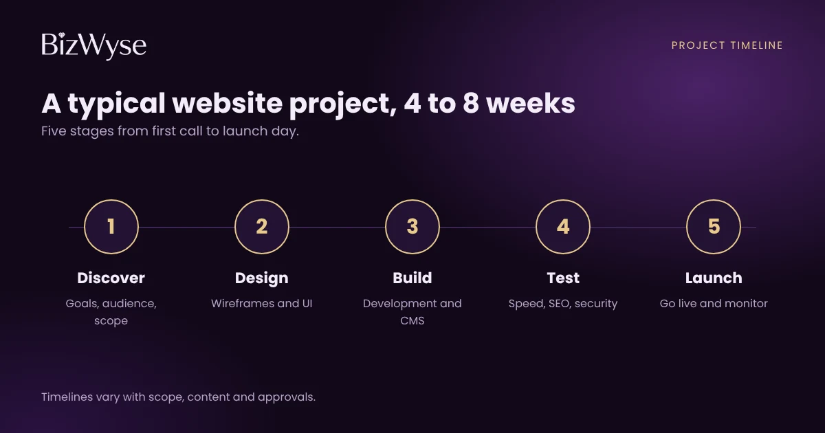Five-stage website project timeline: discover, design, build, test and launch, taking about four to eight weeks